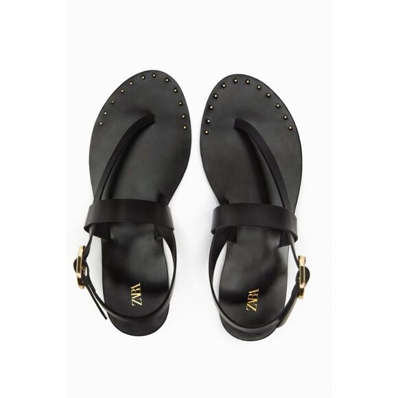 Black Zara Leather Gold Tone Studded Ankle Buckle Closure Flat Sandals (NWT) - Picture 2 of 9